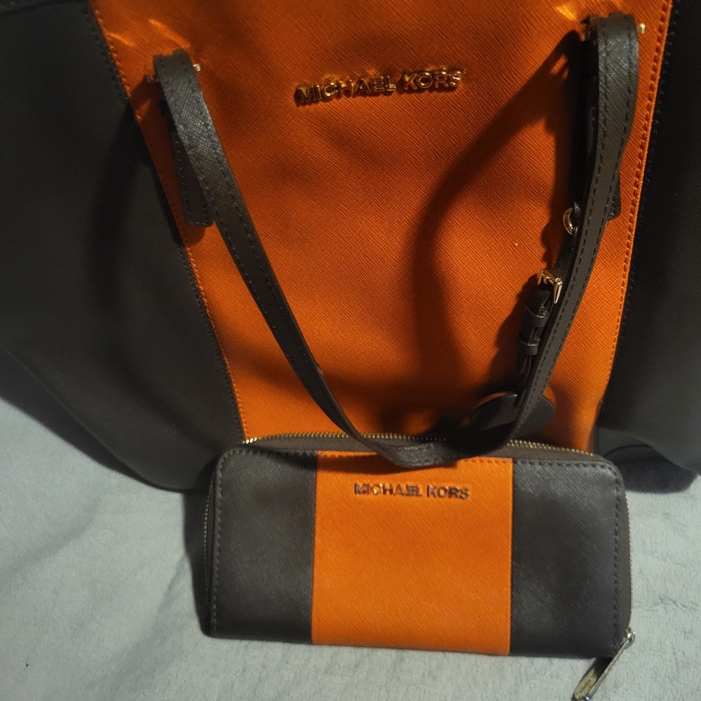 Michael Kors Black and Orange Tote with Wallet Set